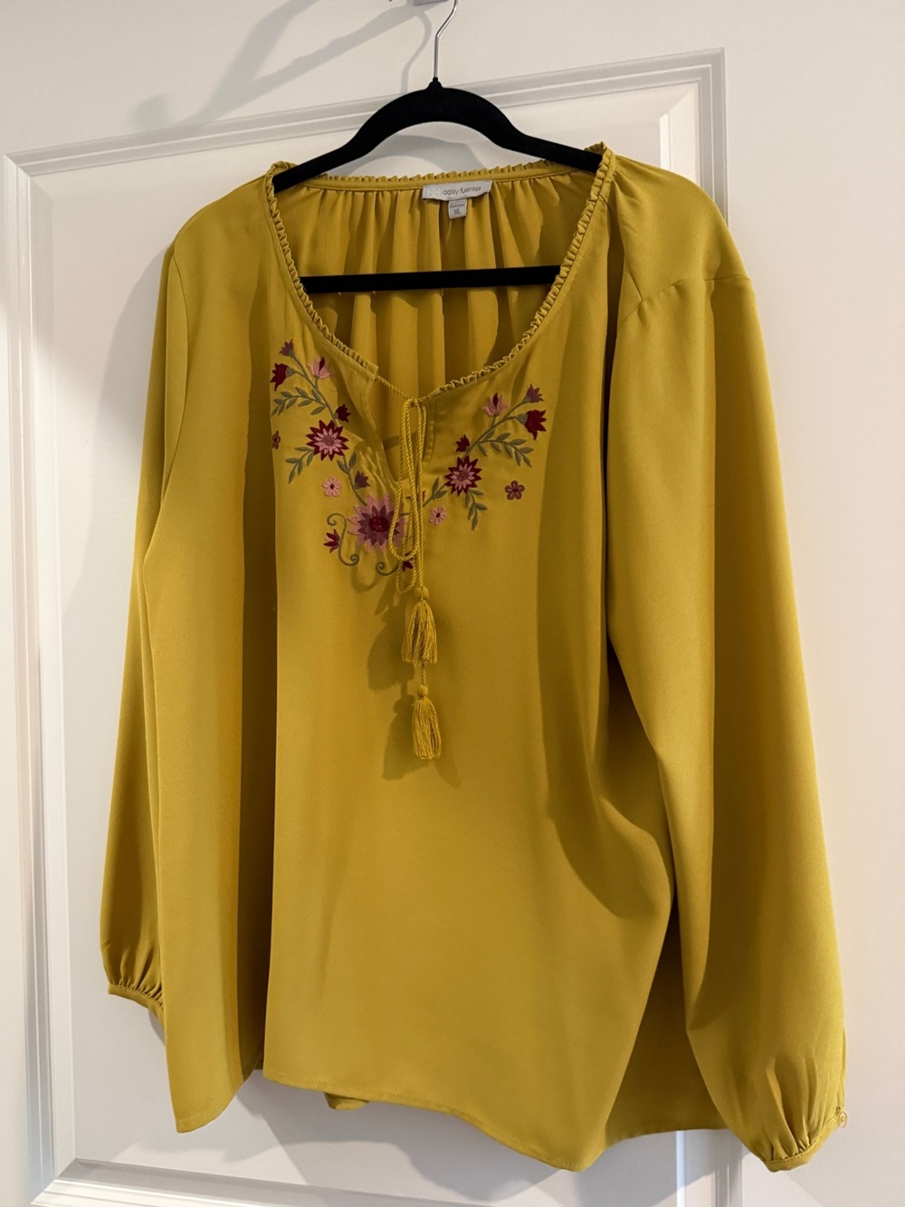 Daisy Fuentes Women’s Embroidered Tassel Peasant Top - Mustard